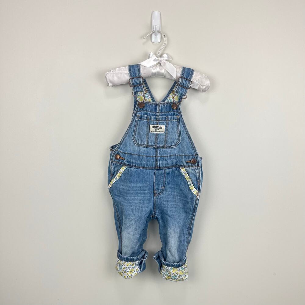OshKosh B'gosh Floral Cuff Blue Jean Overalls 9-12 Months